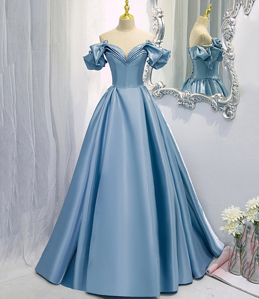 Blue A Line Off-the-shoulder Satin Long Prom Dress Evening Dress DP1090
