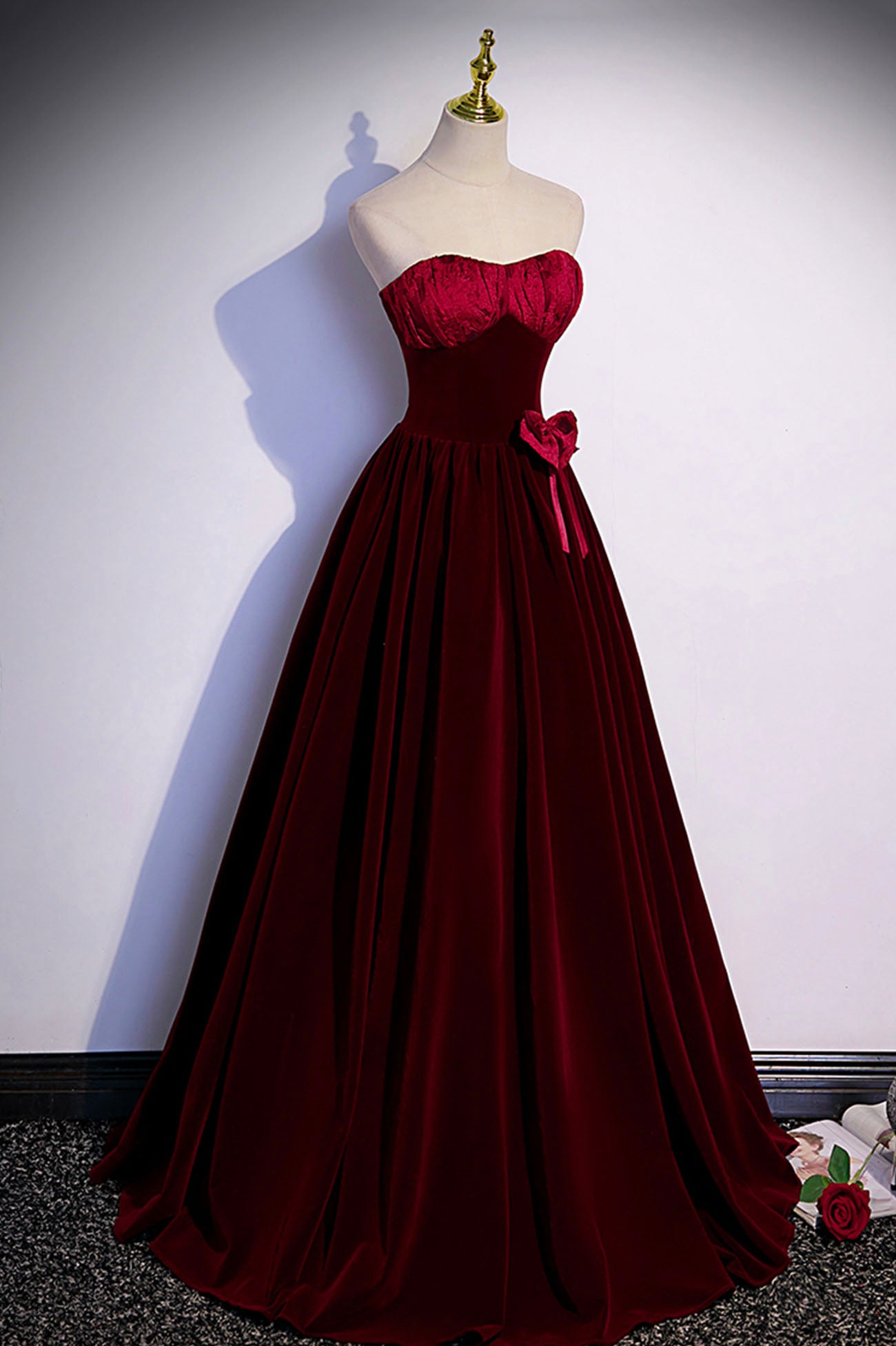 Burgundy Velvet Long Prom Dress A Line Evening Gown DP1085