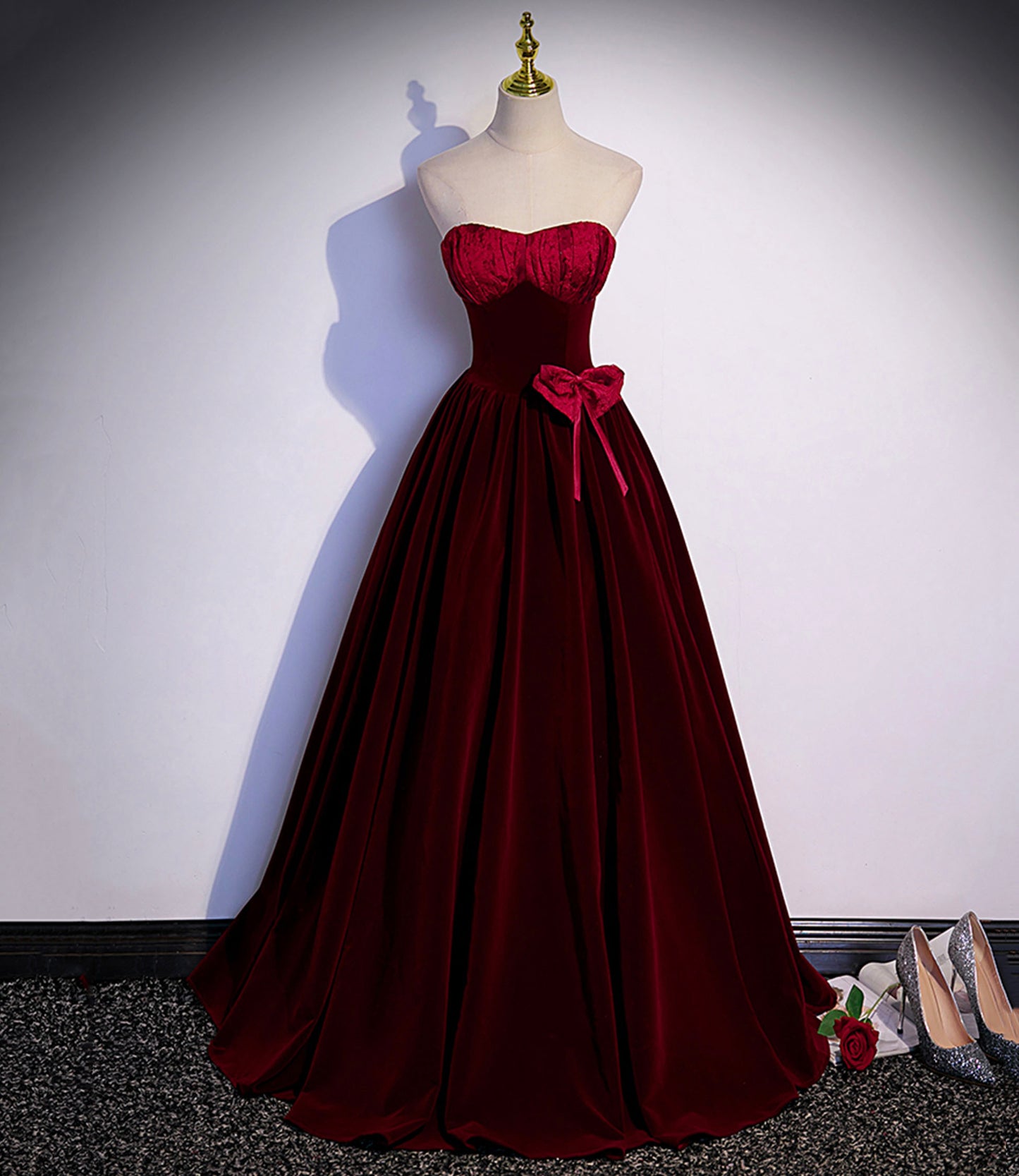 Burgundy Velvet Long Prom Dress A Line Evening Gown DP1085