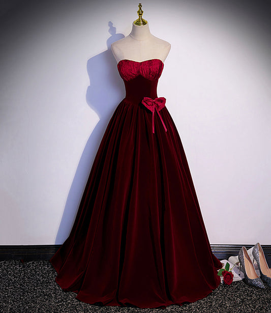 Burgundy Velvet Long Prom Dress A Line Evening Gown DP1085