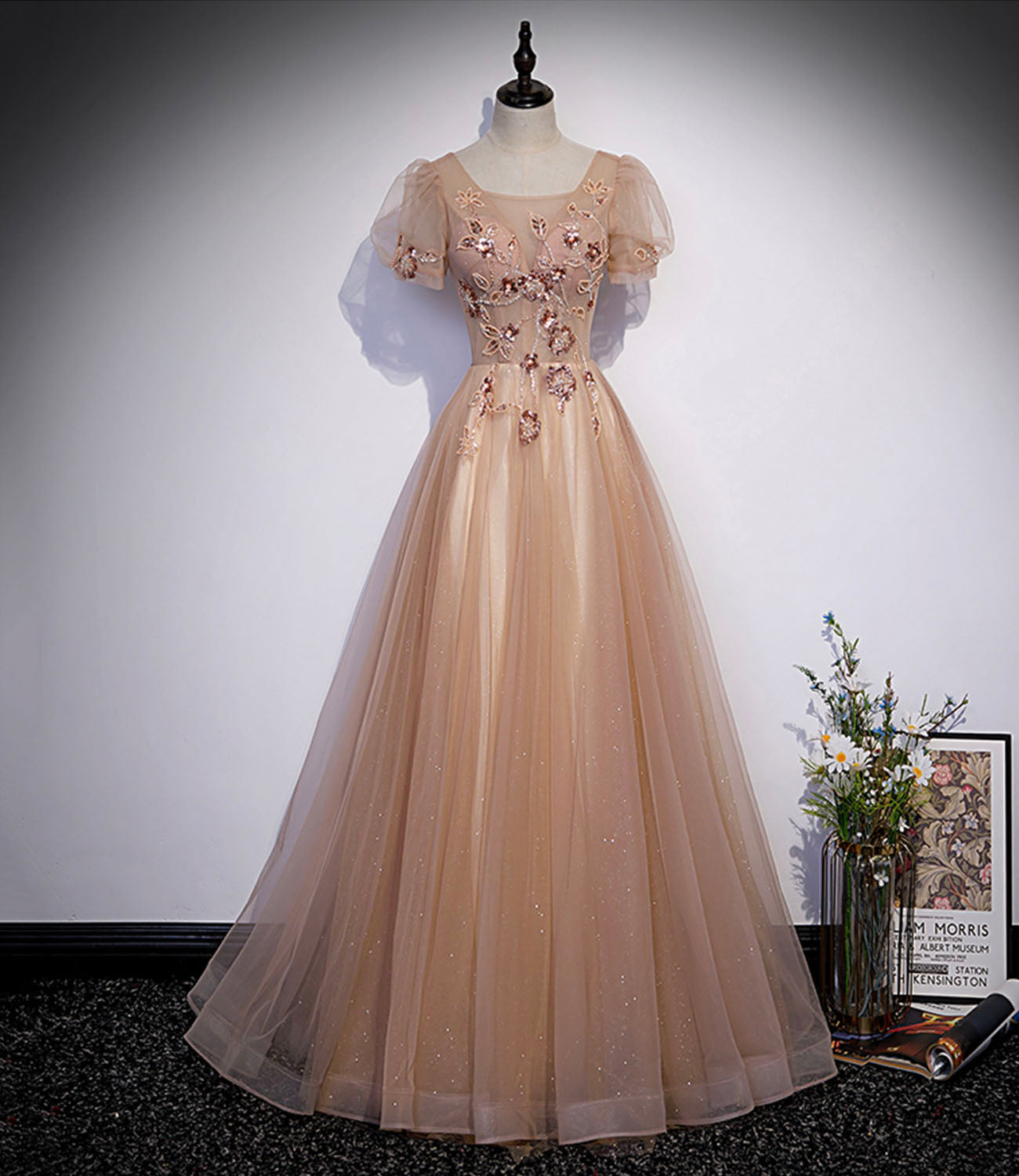 A Line Round Neck Puff Sleeve Appliques Tulle Long Prom Dress Evening Dress DP1134