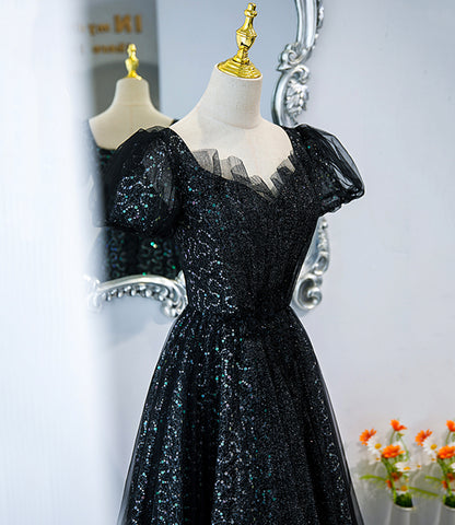 A Line Puff Sleeve Sequins Black Tulle Long Prom Dress Evening Dress DP1072