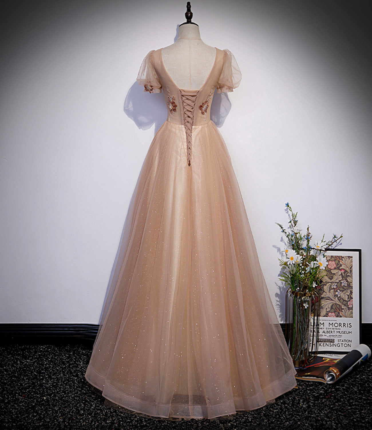 A Line Round Neck Puff Sleeve Appliques Tulle Long Prom Dress Evening Dress DP1134