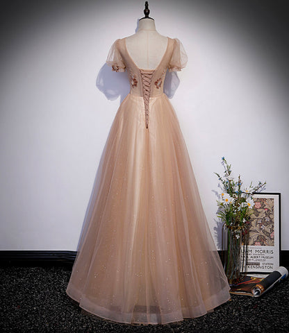 A Line Round Neck Puff Sleeve Appliques Tulle Long Prom Dress Evening Dress DP1134