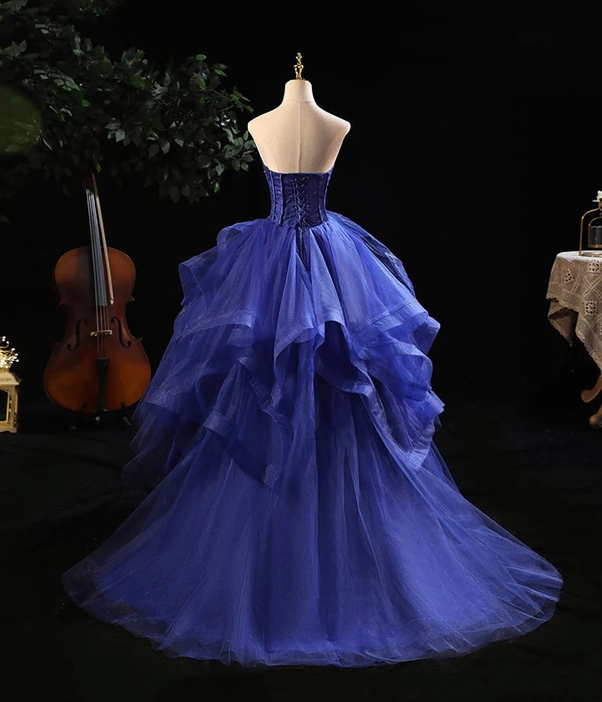 Blue Strapless Ruffles Tiered Crystal Beaded Tulle High Low Prom Dress DP1193