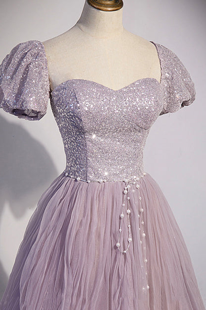 Light Purple Puff Sleeve Pearl Sequins Tulle Long Prom Dress Evening Dress DP1224