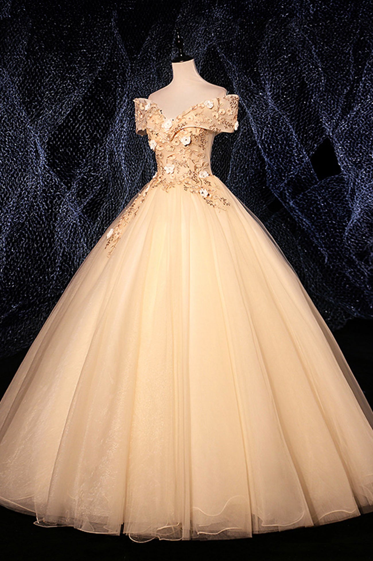 Champagne Lace Appliques Tulle Long Prom Dress Evening Dress DP937