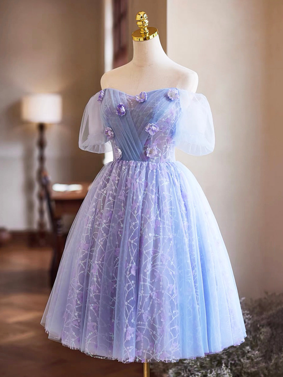Purple Tulle Sequins Knee Length Party Prom Dress Homecoming Dress DP1077
