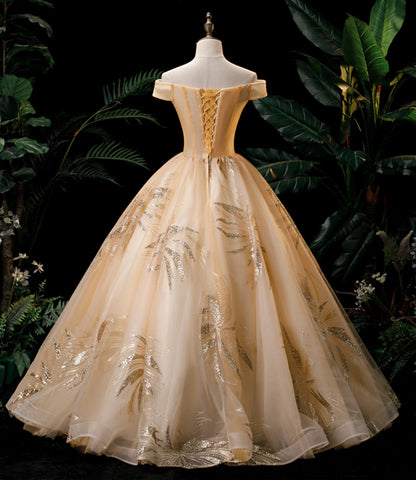 Champagne Off-the-shoulder Lace Sequins Tulle Long Ball Gown Formal Gown DP902