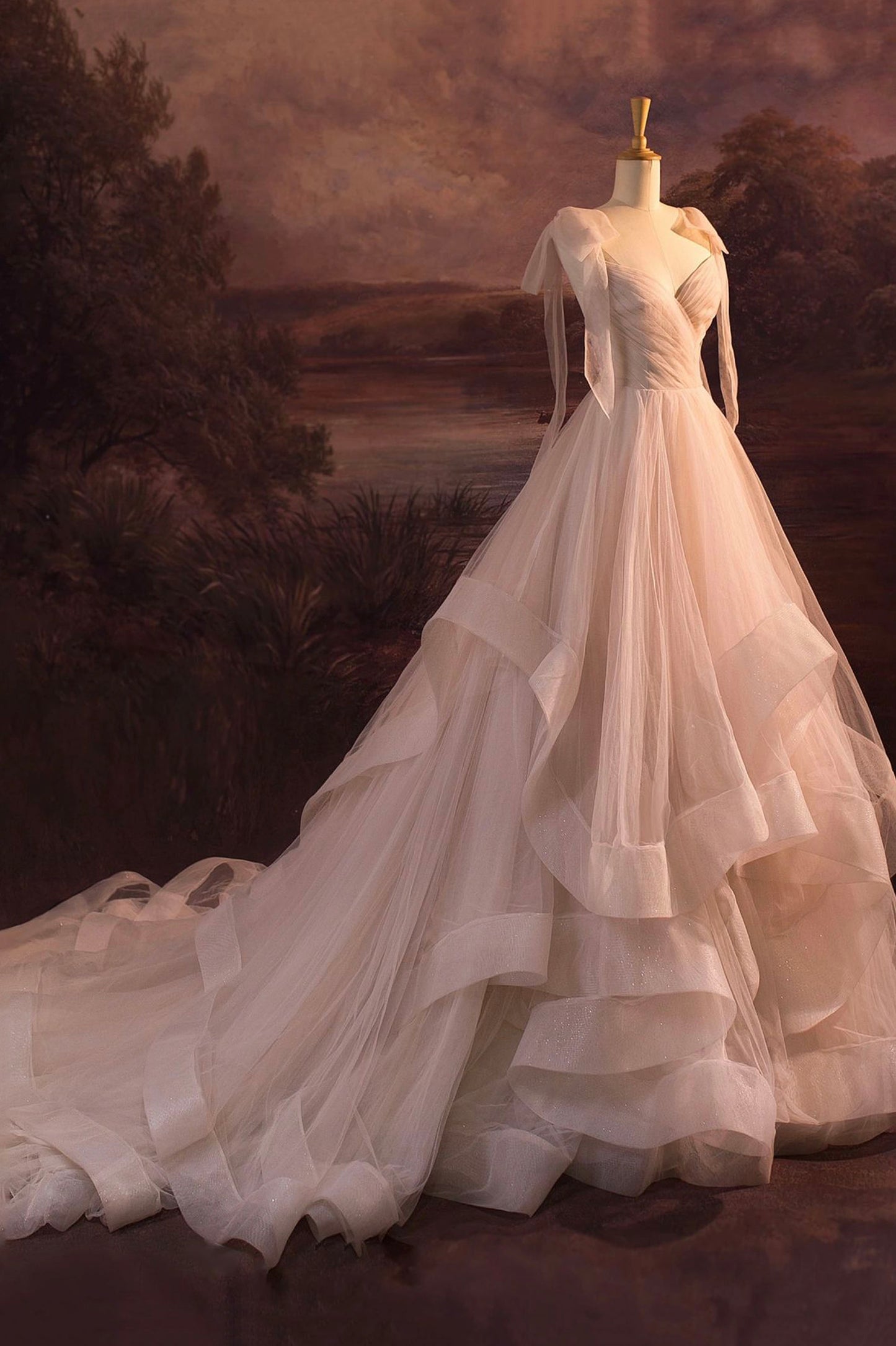 Elegant A Line V-neck Layered Tulle Long Prom Dress Evening Dress DP1230
