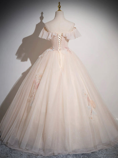 Elegant Off the Shoulder Appliques Sequins Tulle Long Prom Dress Ball Gown DP1136