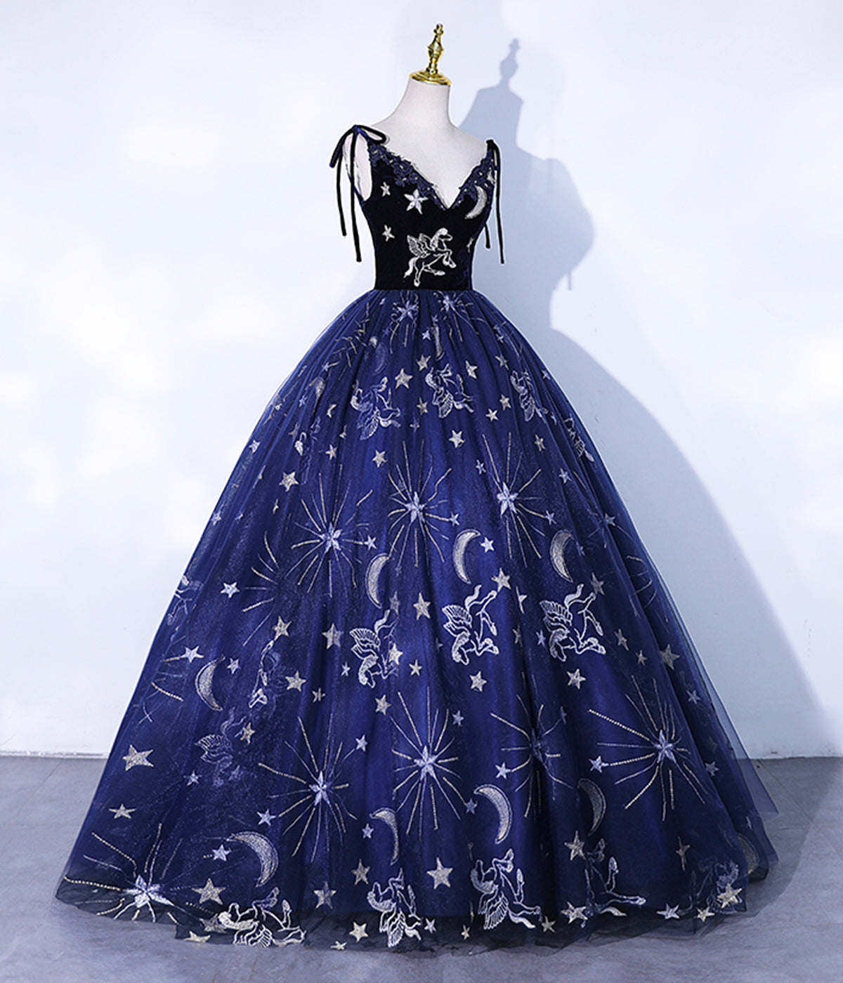 Navy Blue Spaghetti Straps Embroidery Tulle Long Prom Dress  Formal Dress DP1189