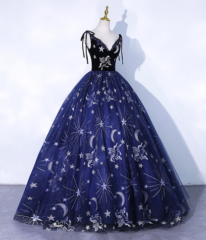 Navy Blue Spaghetti Straps Embroidery Tulle Long Prom Dress  Formal Dress DP1189