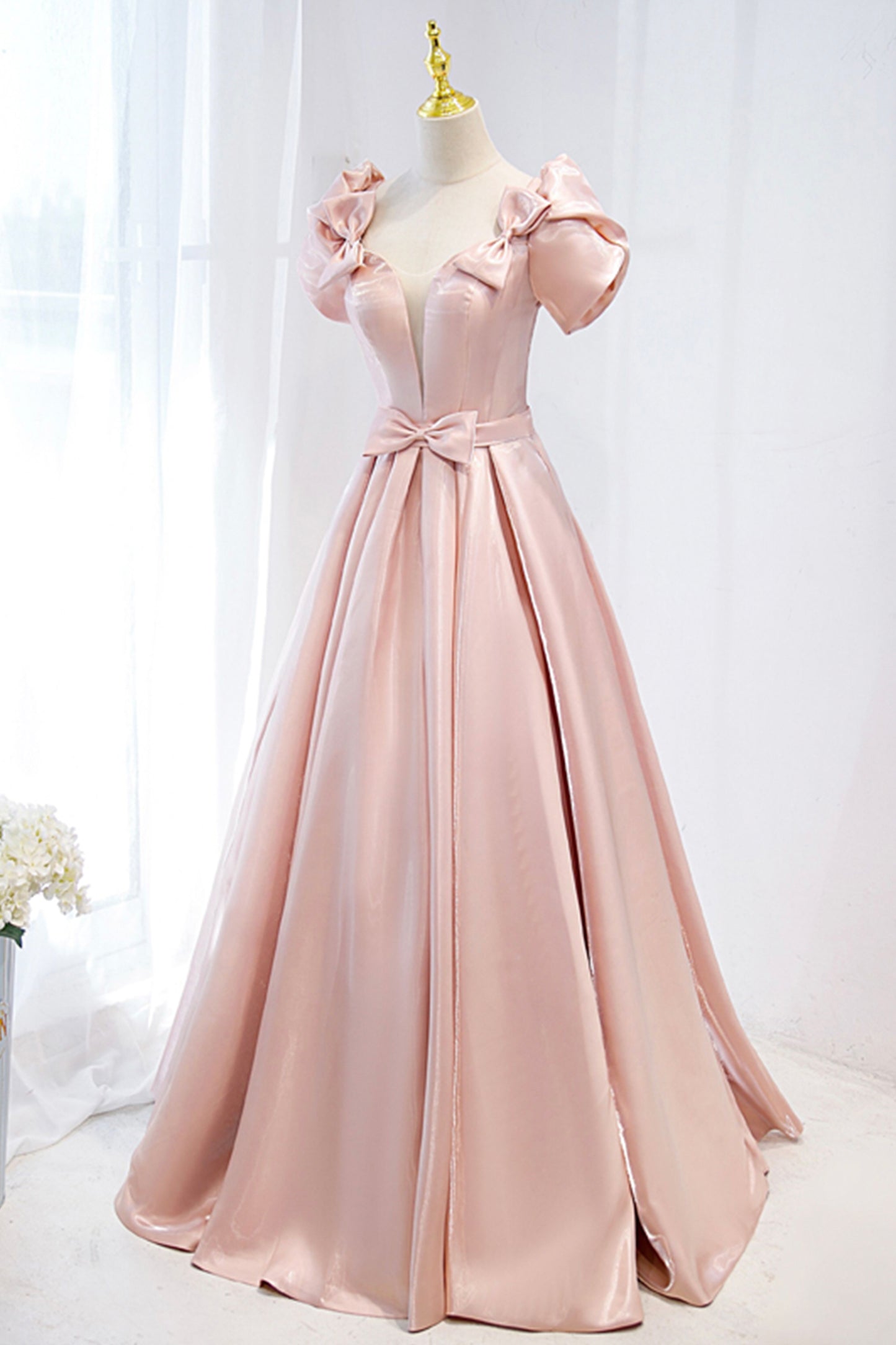 A Line V-neck Pink Satin Long Prom Dress Evening Dress with Bow DP996