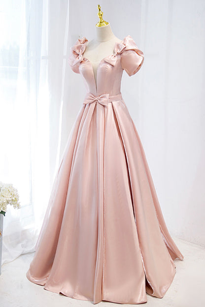 A Line V-neck Pink Satin Long Prom Dress Evening Dress with Bow DP996