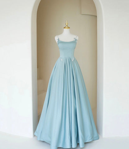 Blue A Line Spaghetti Strap Pearl Satin Long Prom Dresses DP908