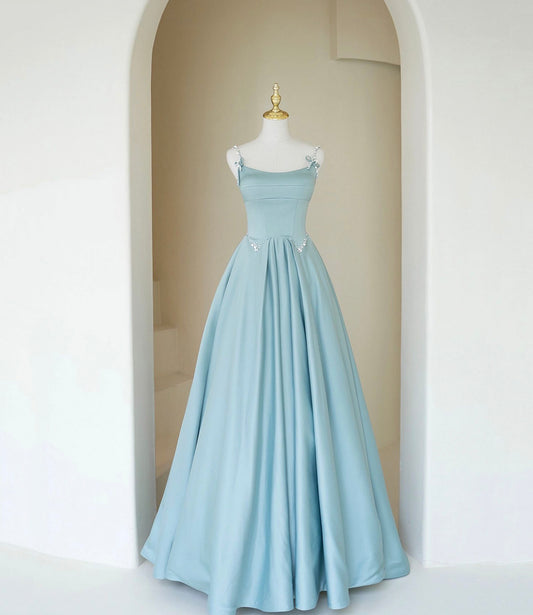 Blue A Line Spaghetti Strap Pearl Satin Long Prom Dresses DP908