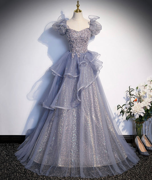 Grey A Line Puff Sleeve Ruffle Sequins Tulle Long Prom Dress Evening Dress DP1246