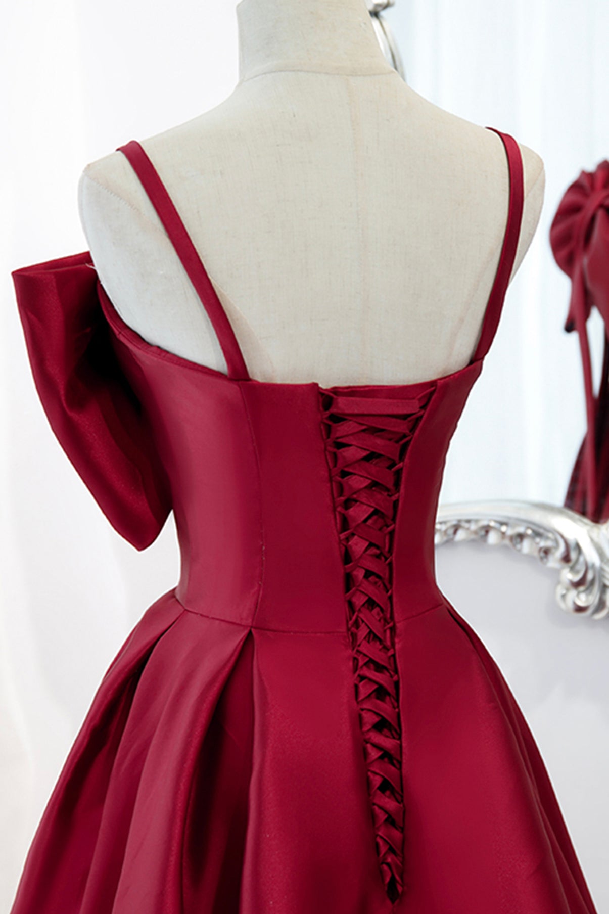 Burgundy A Line Spaghetti Strap Satin Prom Dress Evening Dress with Big Bow DP1097
