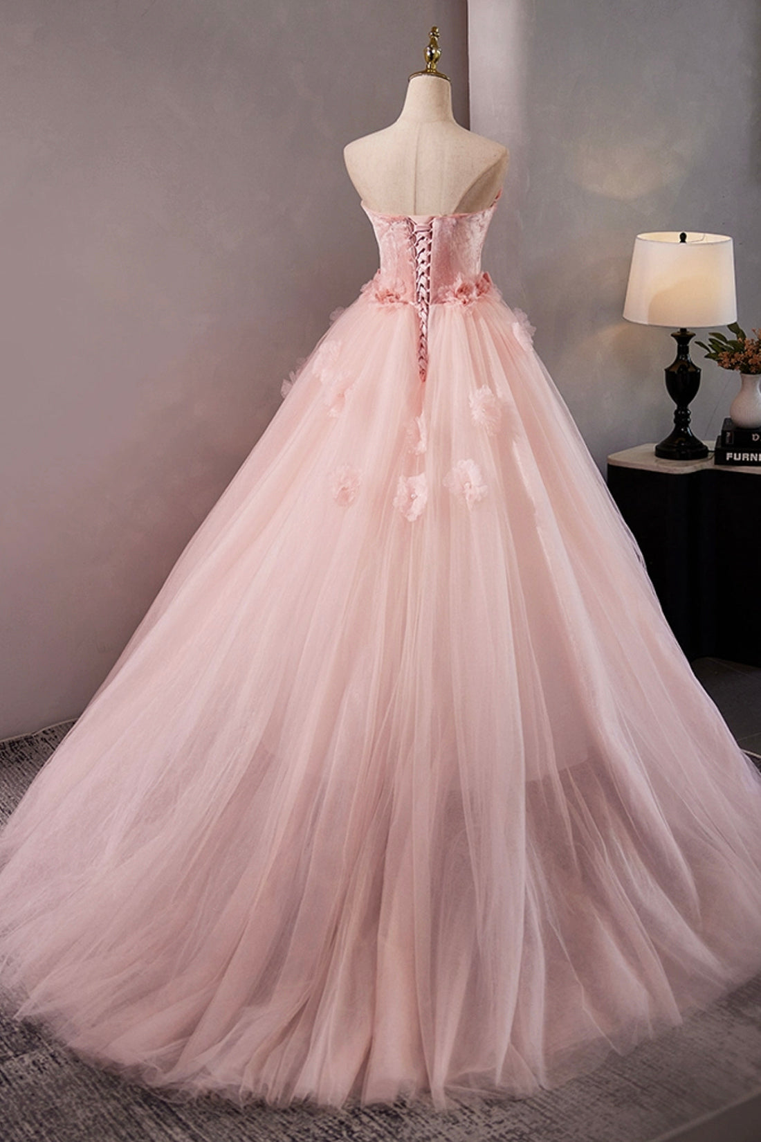 A Line Pink Velvet Tulle Prom Dress with Flowers Evening Sweet 16 Dress DP1079