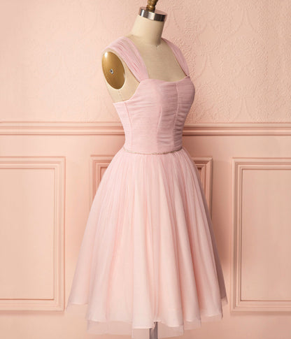 Simple Pink A Line Spaghetti Strap Tulle Bridesmaid Dresses DP916