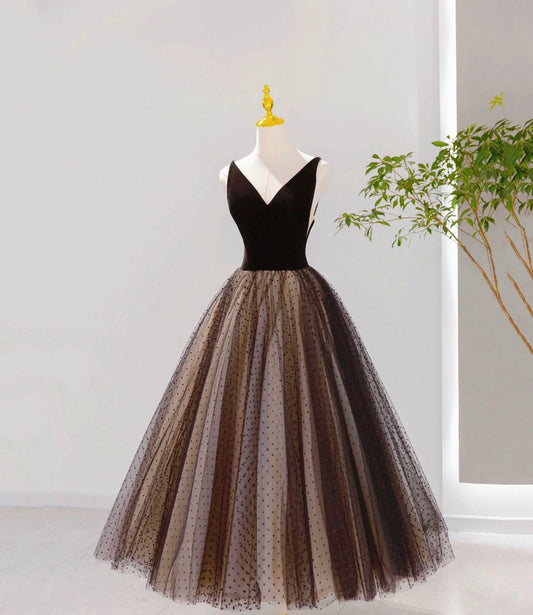 Black A Line V-neck Tulle Prom Dress Evening Dress DP909