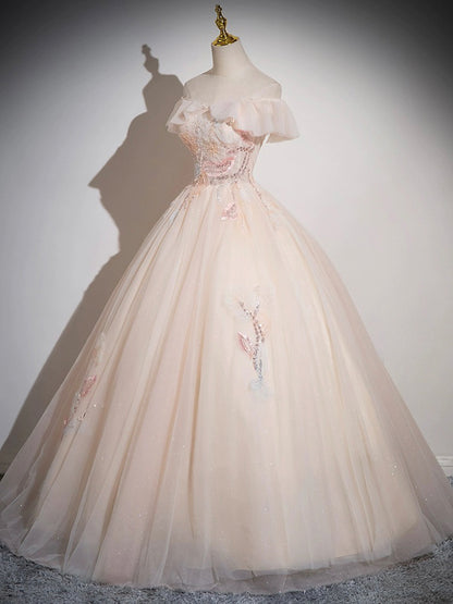 Elegant Off the Shoulder Appliques Sequins Tulle Long Prom Dress Ball Gown DP1136