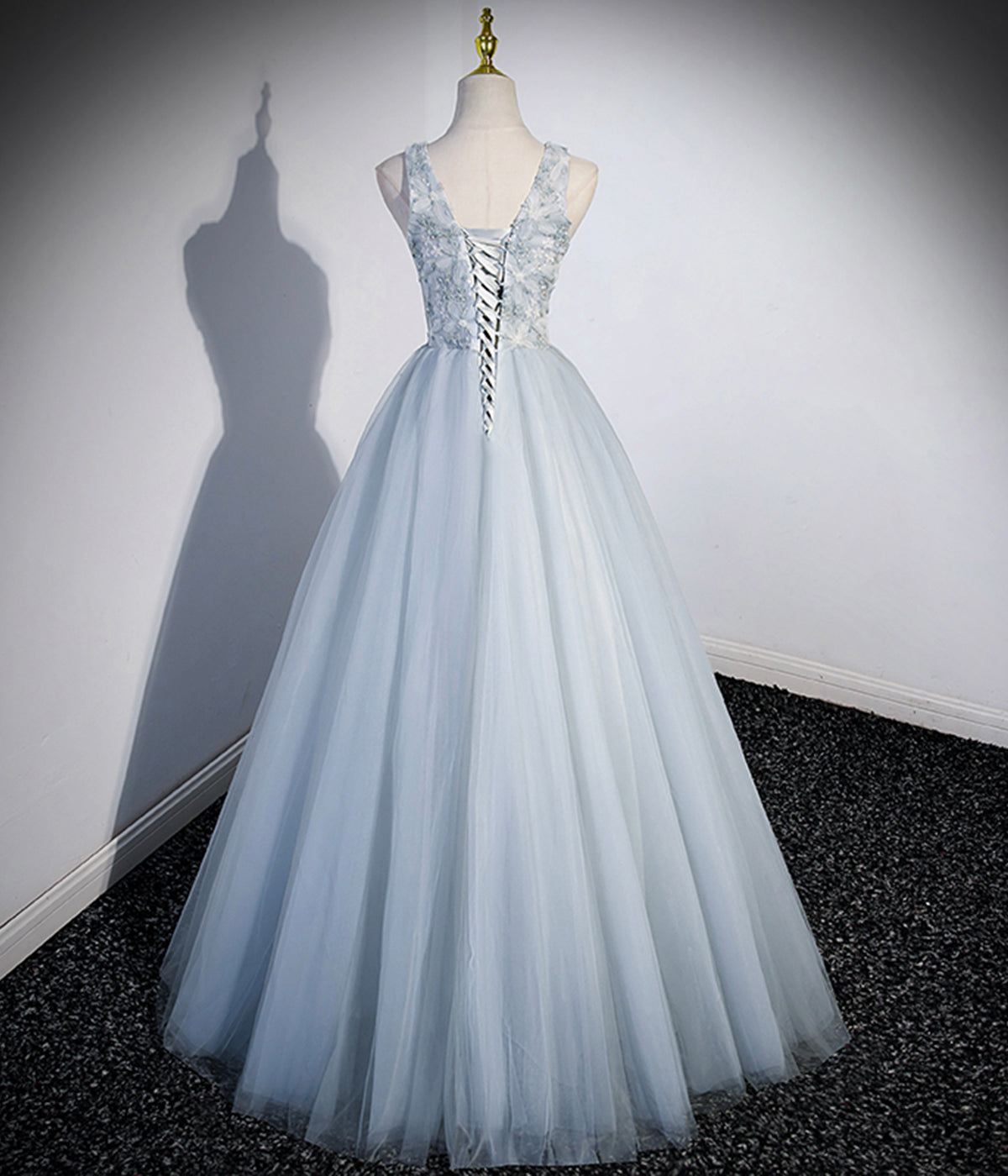 Light Blue A Line V Neck Floral Tulle Prom Dress Evening Dress DP1105