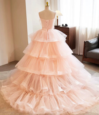 Pink Spaghetti Strap Feather Layered Bow Tulle Prom Dresses DP928