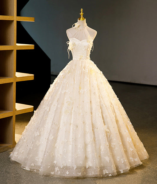 Beautiful A Line Halter Sequin Champagne Tulle Long Ball Gown Prom Dress DP1196