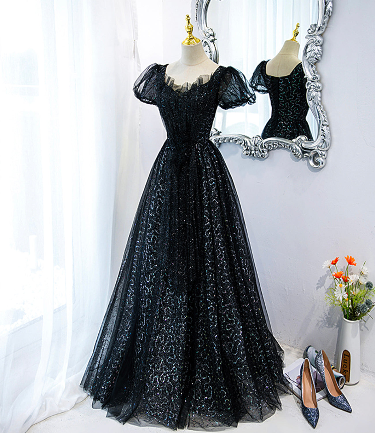A Line Puff Sleeve Sequins Black Tulle Long Prom Dress Evening Dress DP1072