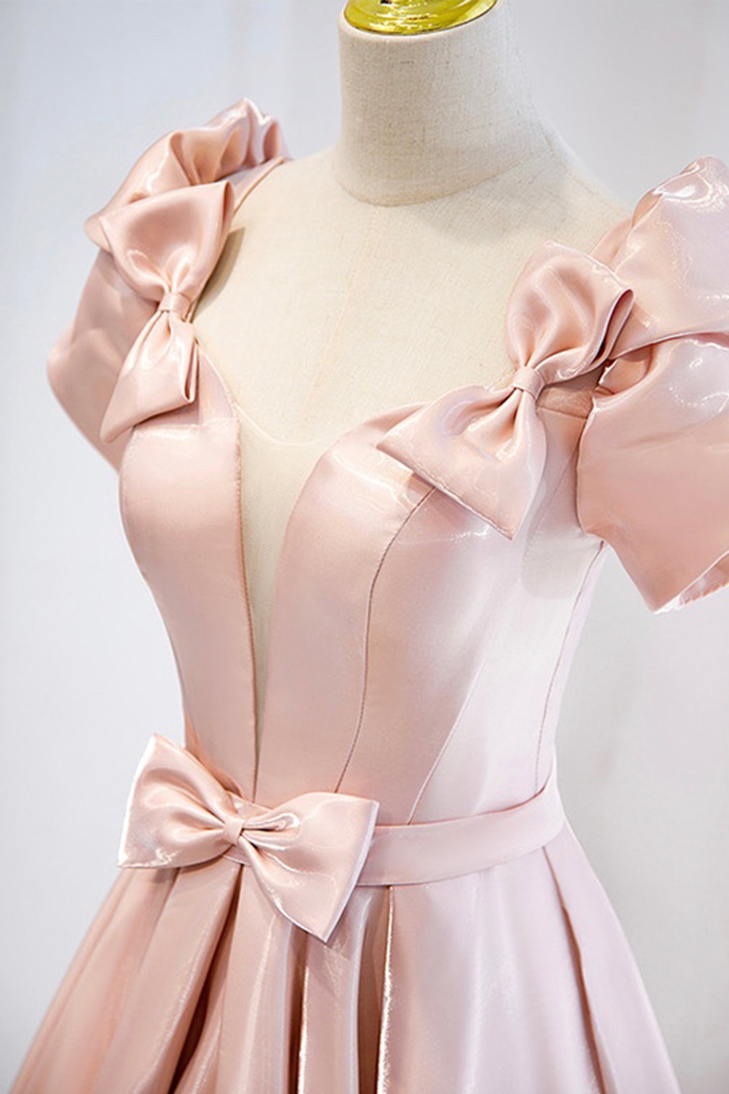 A Line V-neck Pink Satin Long Prom Dress Evening Dress with Bow DP996
