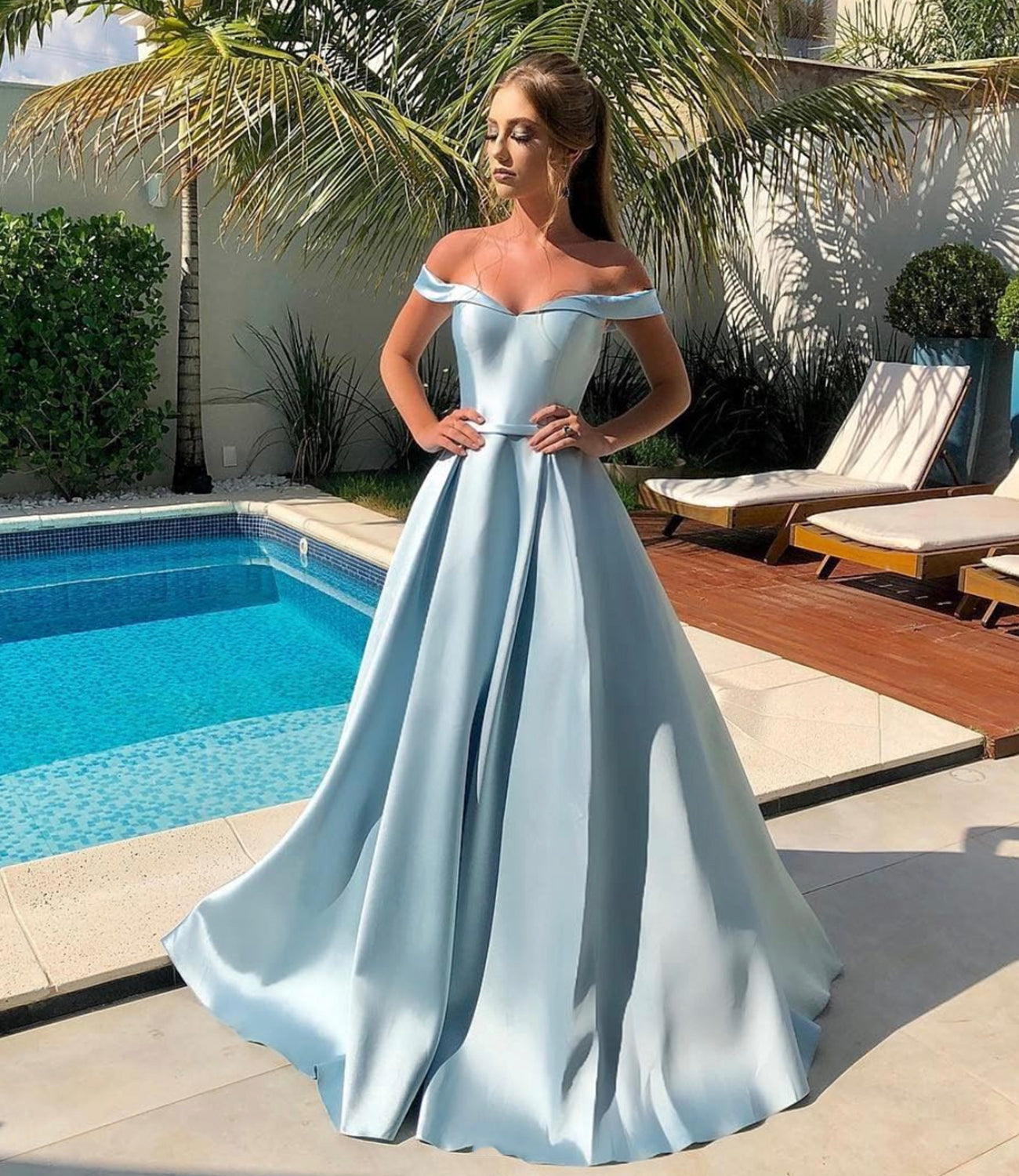 Simple Blue Satin Long A Line Prom Dress Evening Dress DP974