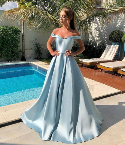 Simple Blue Satin Long A Line Prom Dress Evening Dress DP974