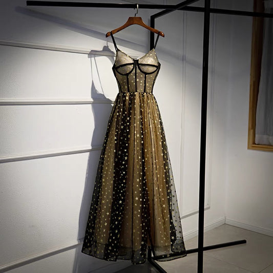 A Line Spaghetti Straps Tulle Prom Dress with Stars Evening Gown DP1076