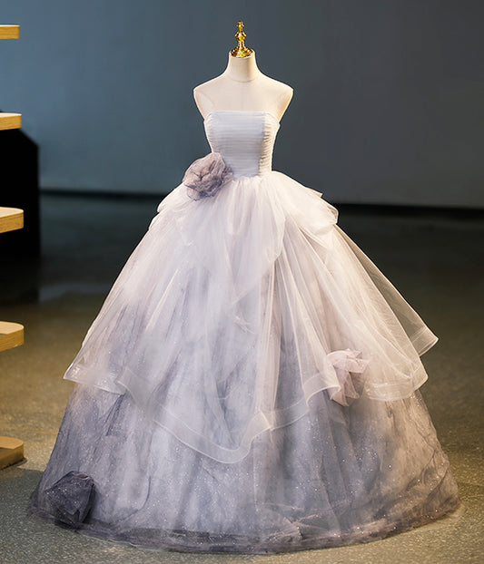 Elegant Gray Strapless Layered Tulle Long Prom Dress Ball Gown DP1199