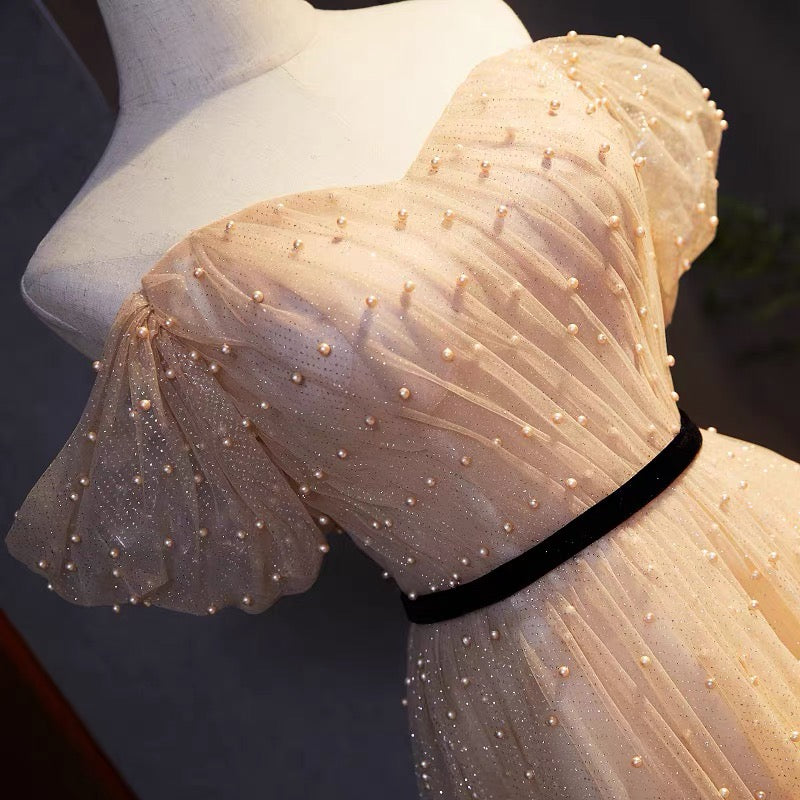 Champagne A-line Pearl Tulle Long Prom Dress Evening Dress DP964