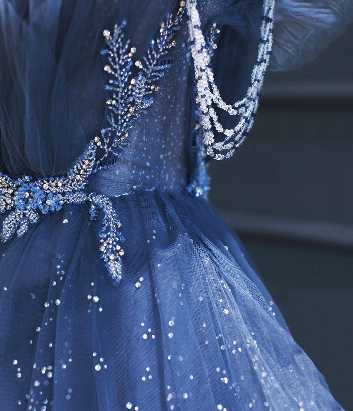 Dark Blue A Line Strapless Beaded Tulle Long Senior Prom Dress  Evening Party Dress DP915