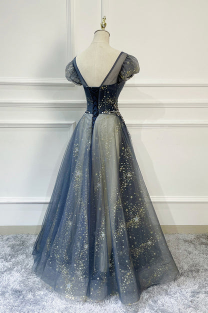 Blue A Line Beaded Sequins Tulle Long Prom Dress Evening Dress DP969