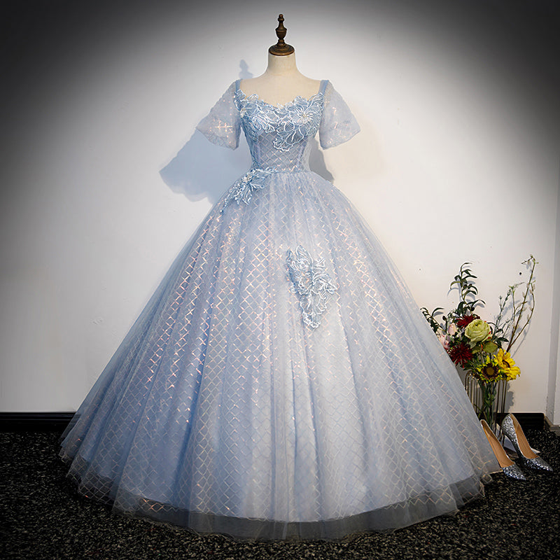 Blue A Line Short Sleeve Sequins Tulle Lace Long Prom Dress Evening Dress DP1312