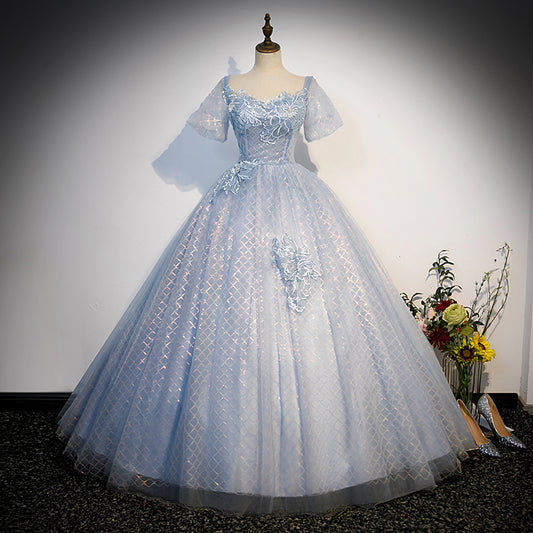 Blue A Line Short Sleeve Sequins Tulle Lace Long Prom Dress Evening Dress DP1312
