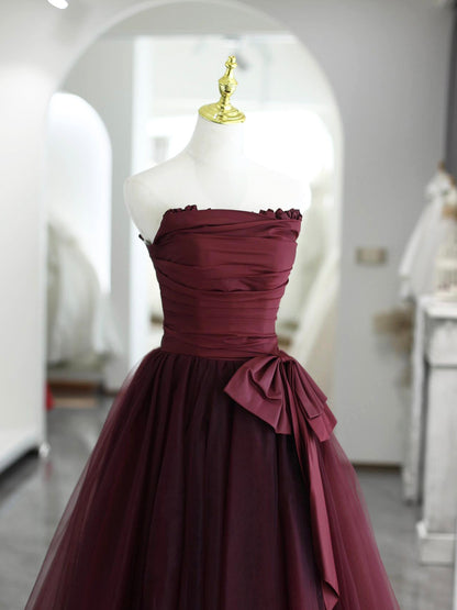 Burgundy Strapless Fold Bow Satin Tulle Floor Length Prom Dress DP951