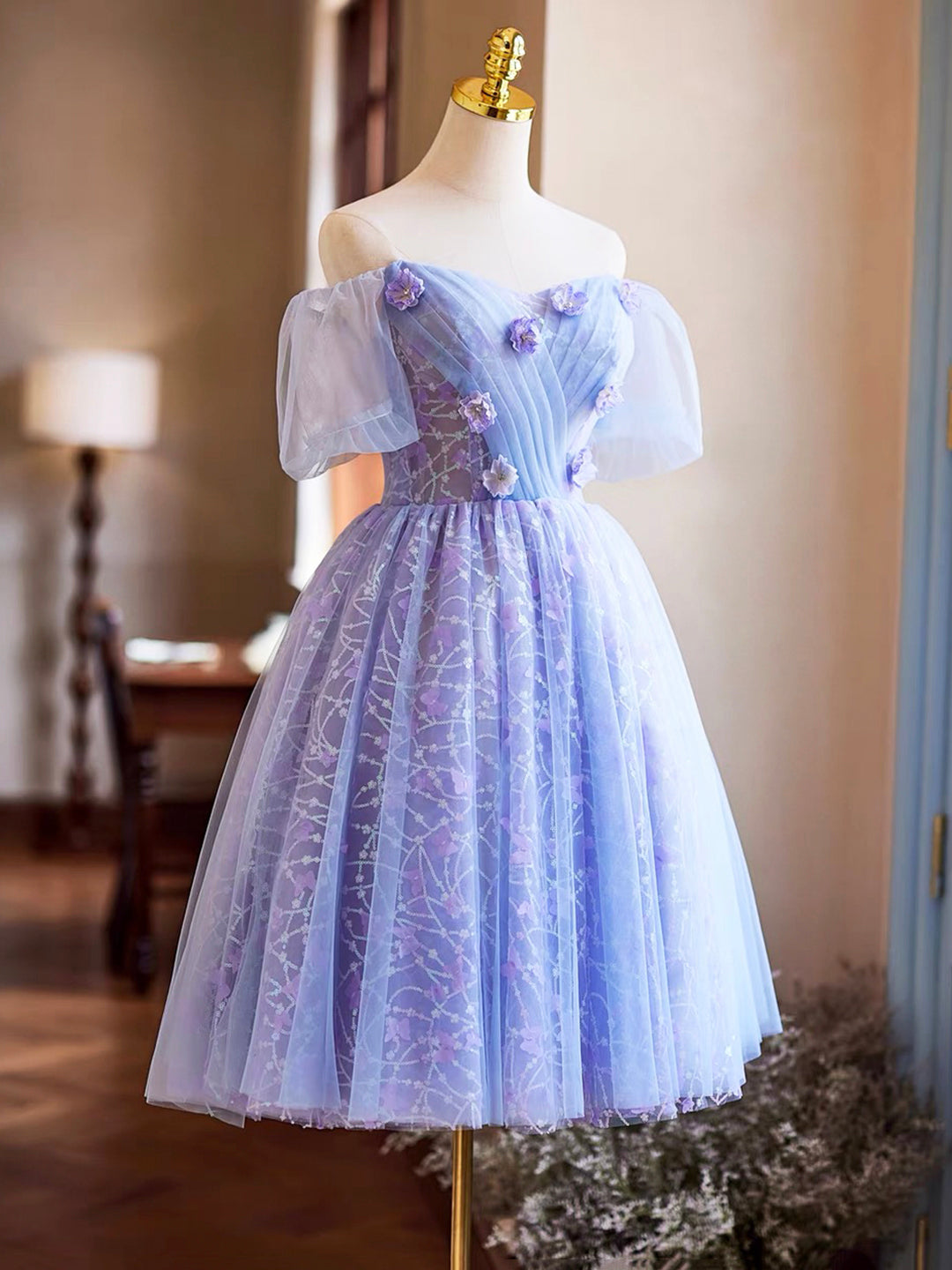 Purple Tulle Sequins Knee Length Party Prom Dress Homecoming Dress DP1077