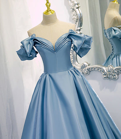 Blue A Line Off-the-shoulder Satin Long Prom Dress Evening Dress DP1090