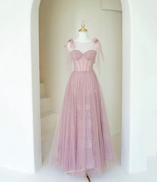 A Line Sweetheart Neck Sequin Pink Tulle Long Prom Dress Evening Dress DP1202