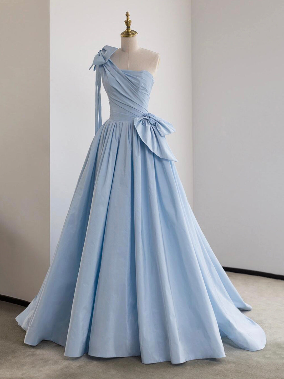 Blue Satin Bow One Shoulder Floor Length Prom Dress DP1073