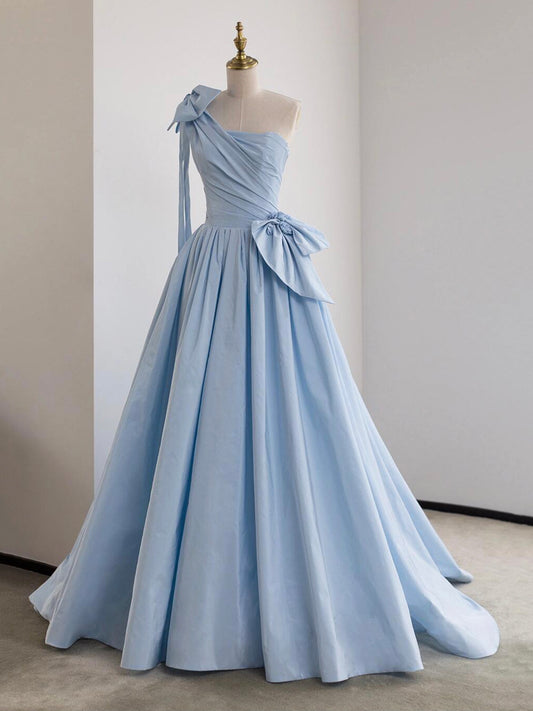 Blue Satin Bow One Shoulder Floor Length Prom Dress DP1073