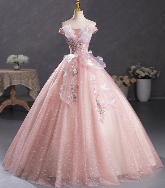 Cute Off Shoulder Pink Tulle Lace Long Prom Gown Evening Dress  DP1214