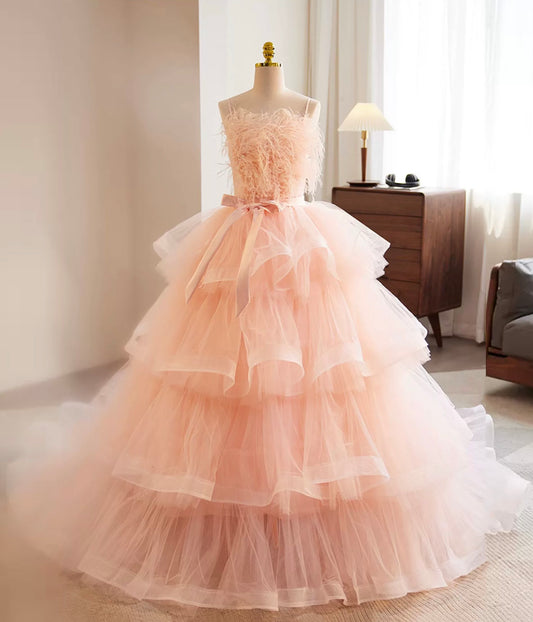 Pink Spaghetti Strap Feather Layered Bow Tulle Prom Dresses DP928