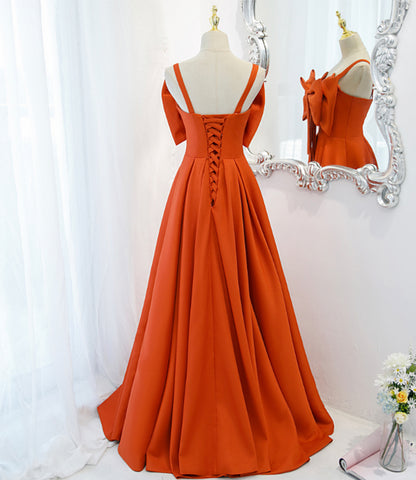 Cute A Line Spaghetti Strap Bow Satin Long Prom Dress Evening Dress DP1175